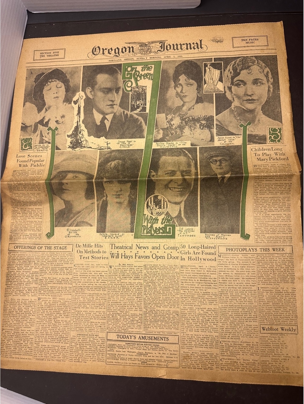 1925 Oregon Journal Theatre Movie Section Mary Pickford Silent Film Portland